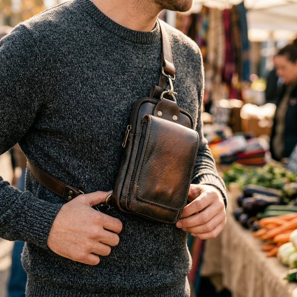 Waist Pack Full-Grain Leather Magnetic Front Flap Adjustable Strap
