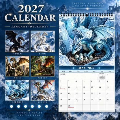 Wall Calendar 2027 Dragon Artwork Monthly Grid With Notes