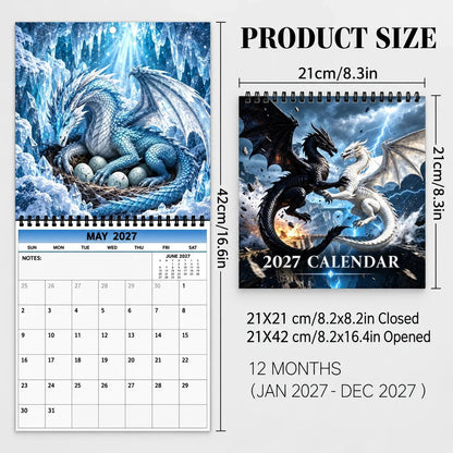 Wall Calendar 2027 Dragon Artwork Monthly Grid With Notes