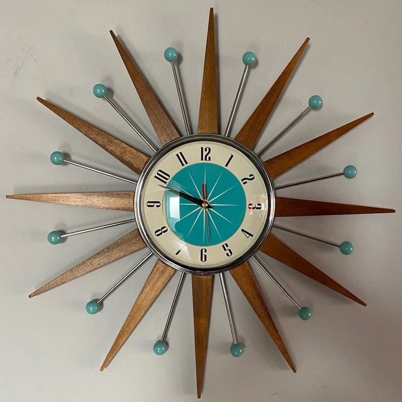 Wall Clock Mid-Century Sunburst Silent Operation