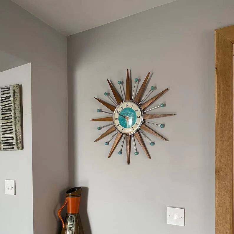 Wall Clock Mid-Century Sunburst Silent Operation