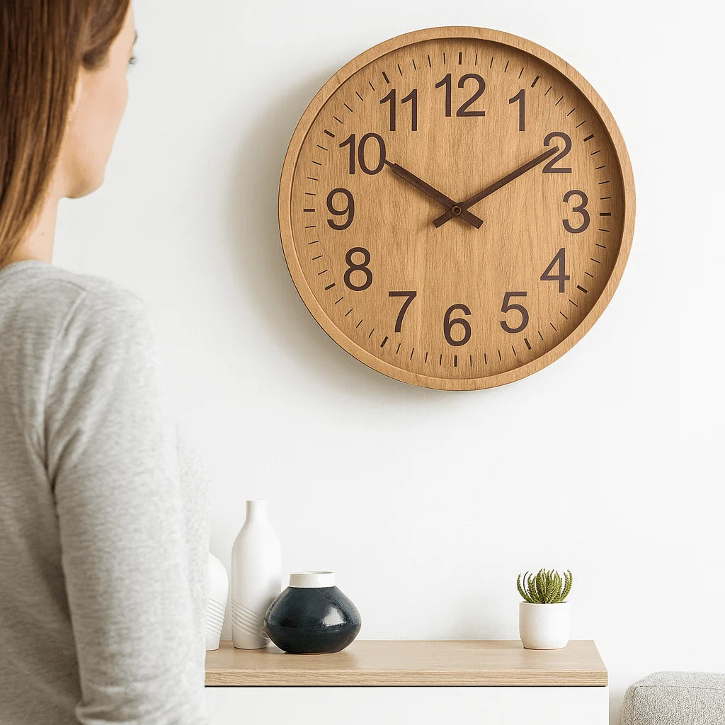 Wall Clock Natural Wood Finish Silent Operation 11.8 Inch Diameter