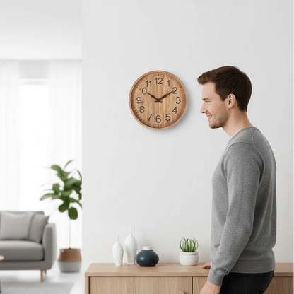 Wall Clock Natural Wood Finish Silent Operation 11.8 Inch Diameter