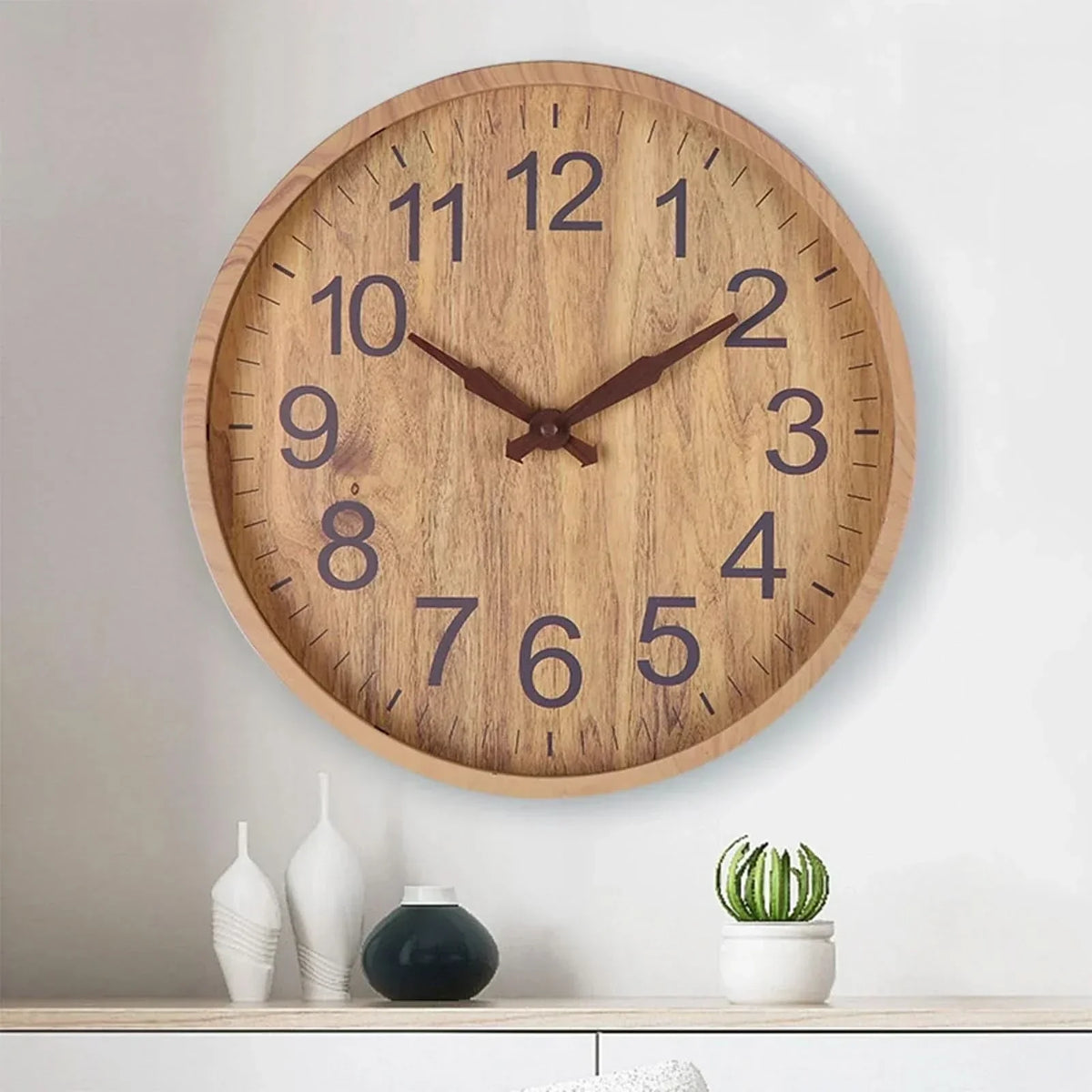 Wall Clock Natural Wood Finish Silent Operation 11.8 Inch Diameter