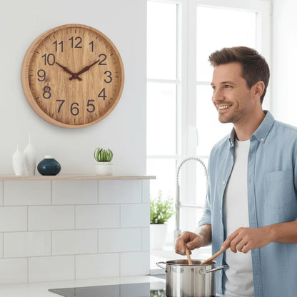Wall Clock Natural Wood Finish Silent Operation 11.8 Inch Diameter