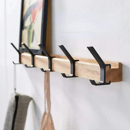 Wall Coat Rack Five Movable Double Hooks Rubber Wood & Aluminum