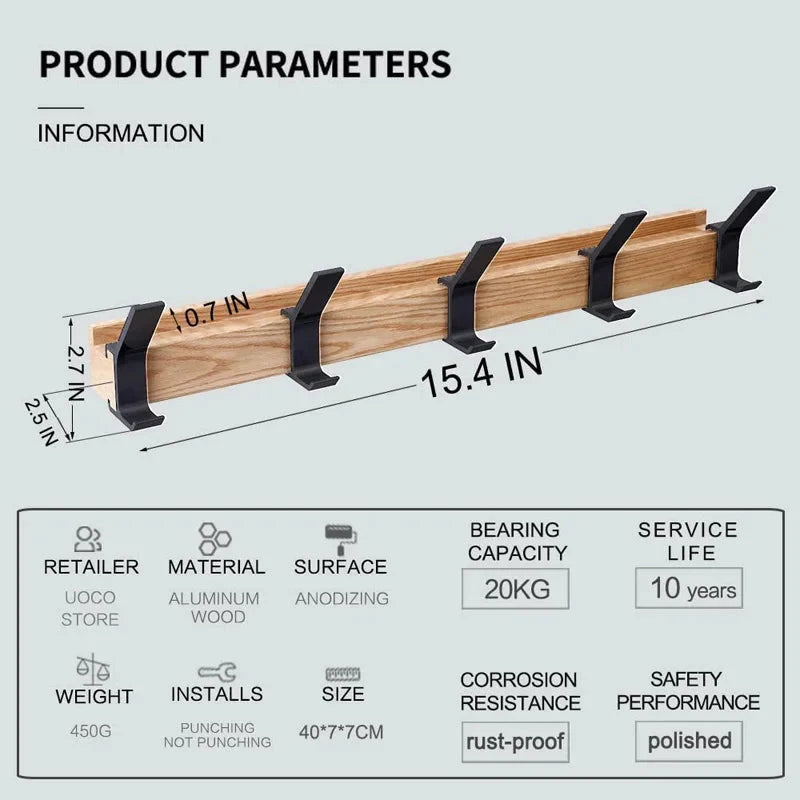 Wall Coat Rack Five Movable Double Hooks Rubber Wood & Aluminum