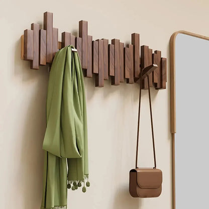 Wall Coat Rack Wooden Fold-Away Hooks Space-Saving