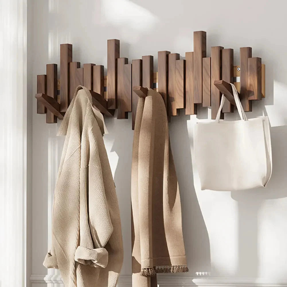 Wall Coat Rack Wooden Fold-Away Hooks Space-Saving