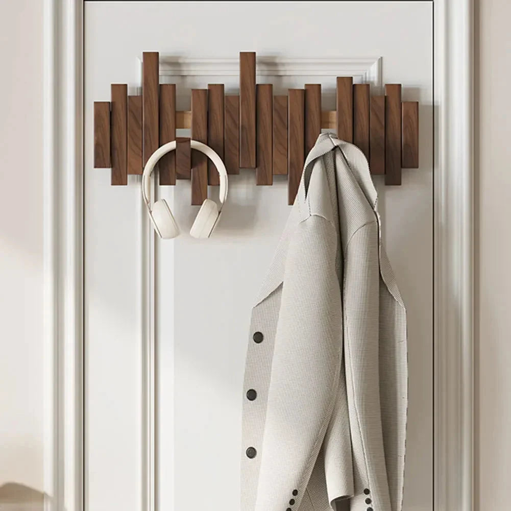 Wall Coat Rack Wooden Fold-Away Hooks Space-Saving
