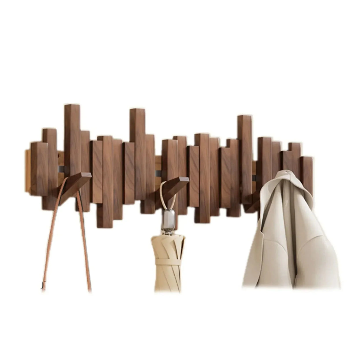 Wall Coat Rack Wooden Fold-Away Hooks Space-Saving
