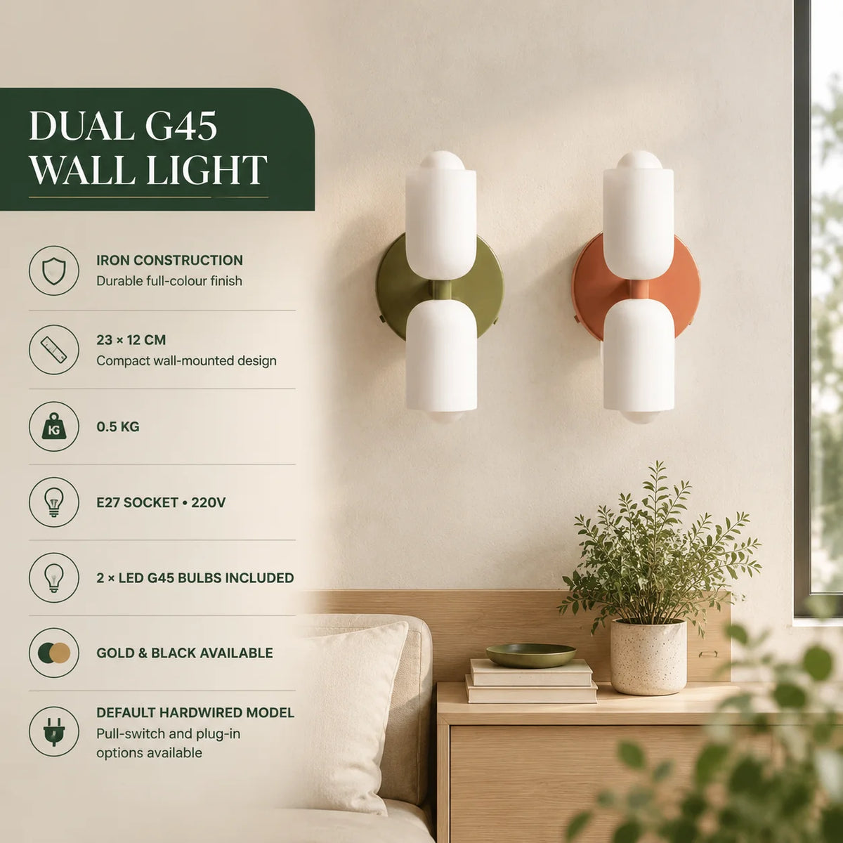Wall Sconce Double Frosted Globes Plug-In & Hardwired