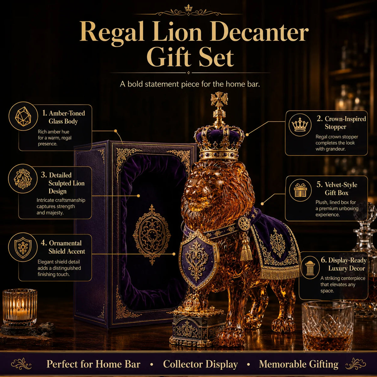 Whiskey Decanter Sculpted Lion Design 11.8 Fl Oz