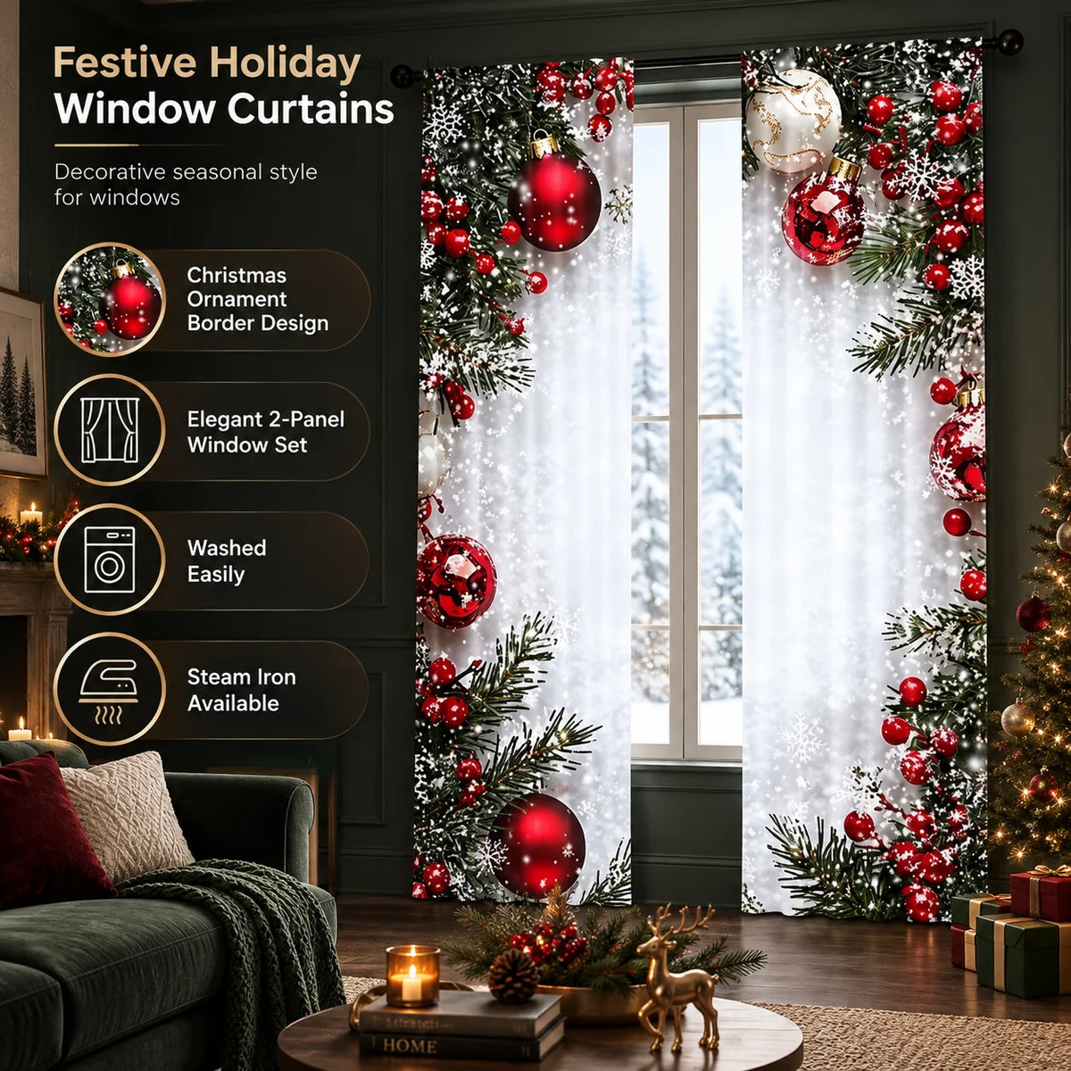 Window Curtains Satin-Sheen Holiday Print Set of 2