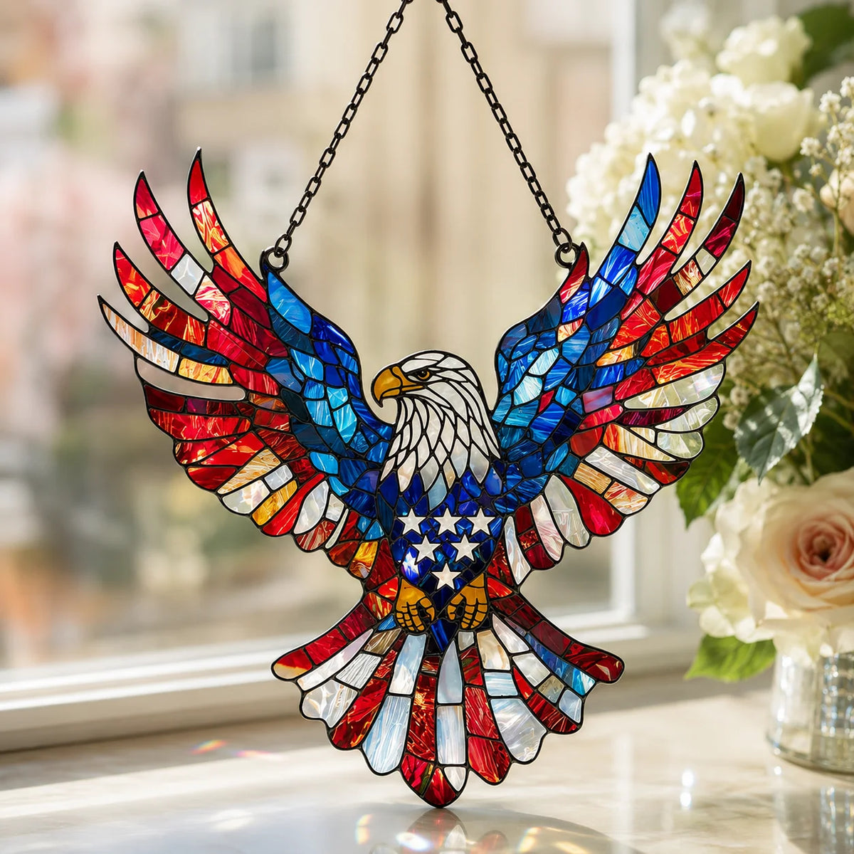Window Suncatcher Patriotic Eagle Shatter-Resistant Acrylic & Chain
