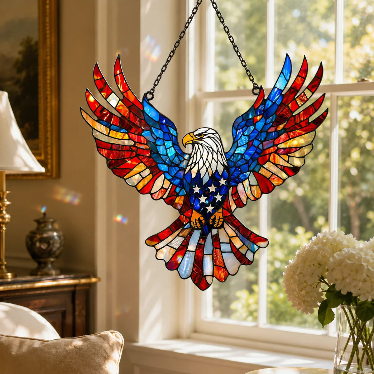 Window Suncatcher Patriotic Eagle Shatter-Resistant Acrylic & Chain