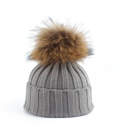 Winter Hat Cotton-Acrylic Oversized Faux-Fur Pompom