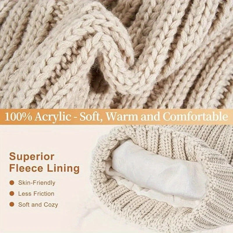 Winter Set Knitted Pom-Pom Hat Long Scarf Touchscreen Gloves