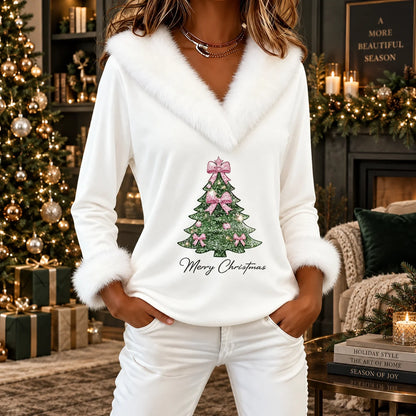 Women's Christmas Top Faux Fur Collar Cotton Blend