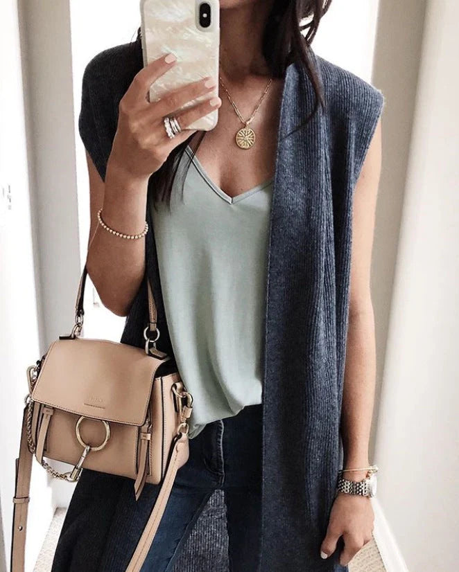Women's Knit Vest Open-Front Short Sleeve Relaxed Fit
