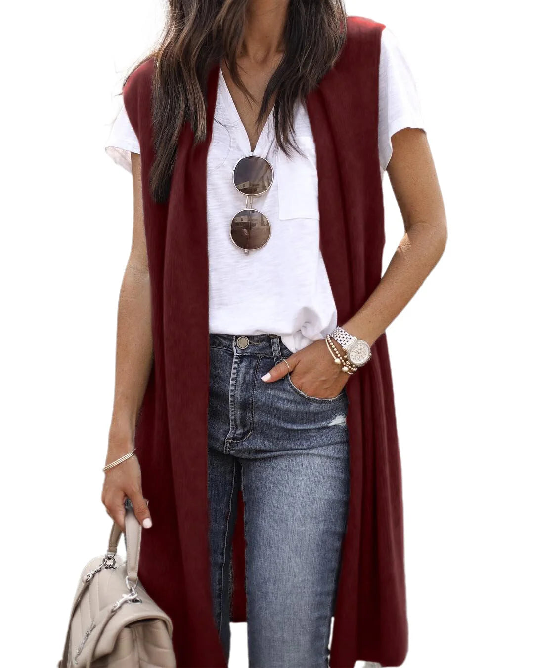 Women's Knit Vest Open-Front Short Sleeve Relaxed Fit