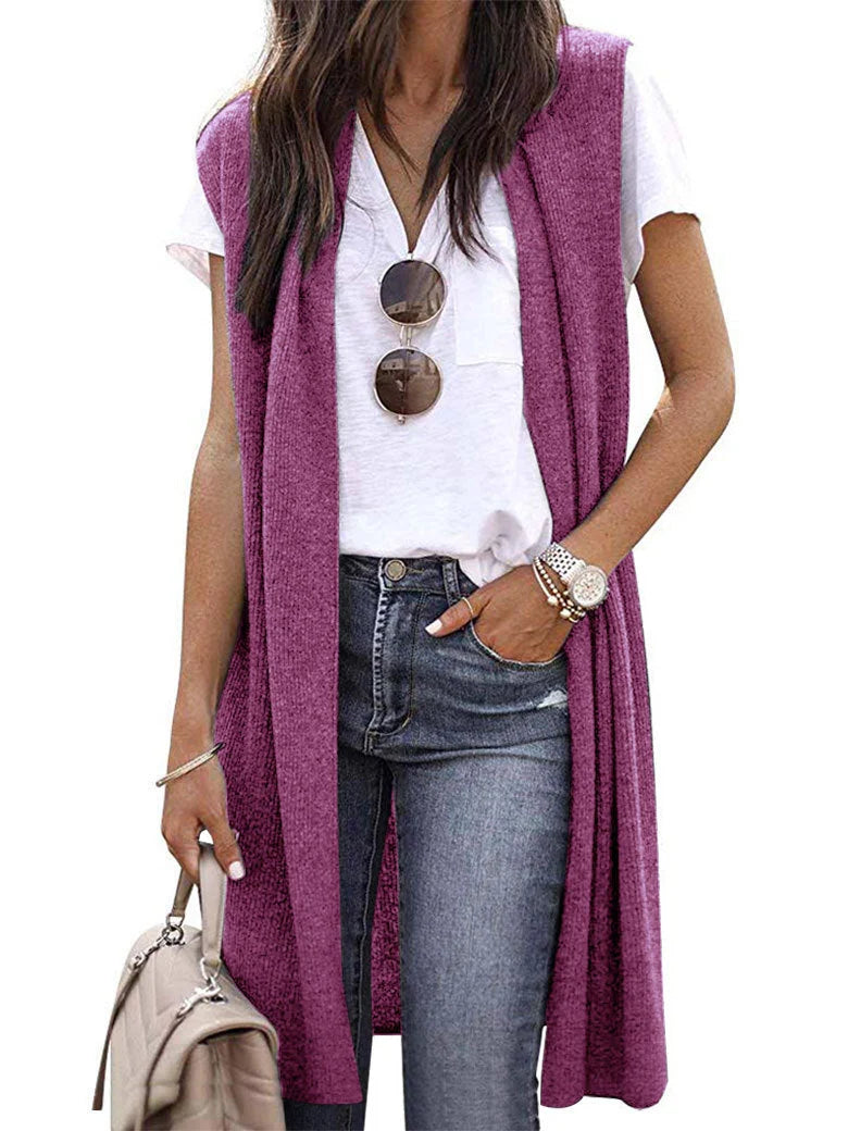 Women's Knit Vest Open-Front Short Sleeve Relaxed Fit