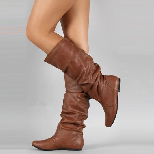 Women’s Mid-Calf Boots Leather Pull-On Flat Sole