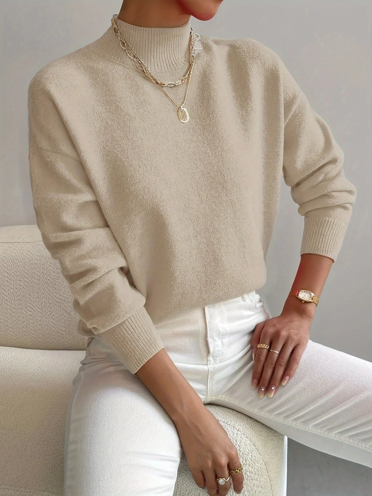 Women's Sweater Soft Knit Raised Neckline Straight Fit
