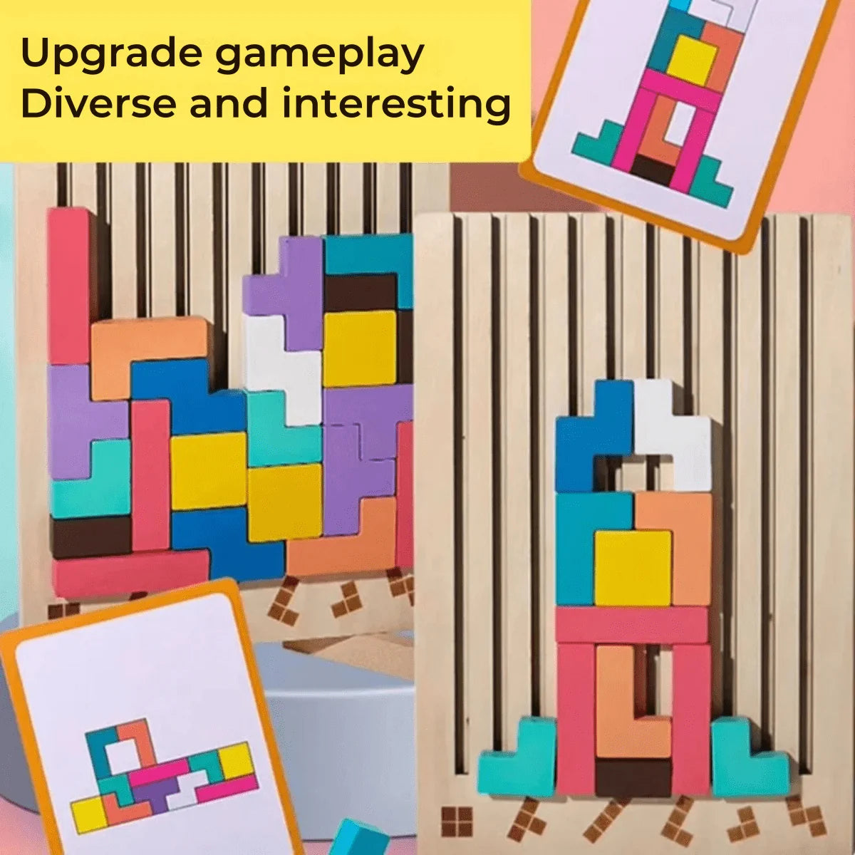 Wooden Tetris Stacking Game Colorful Blocks Non-Toxic Paint