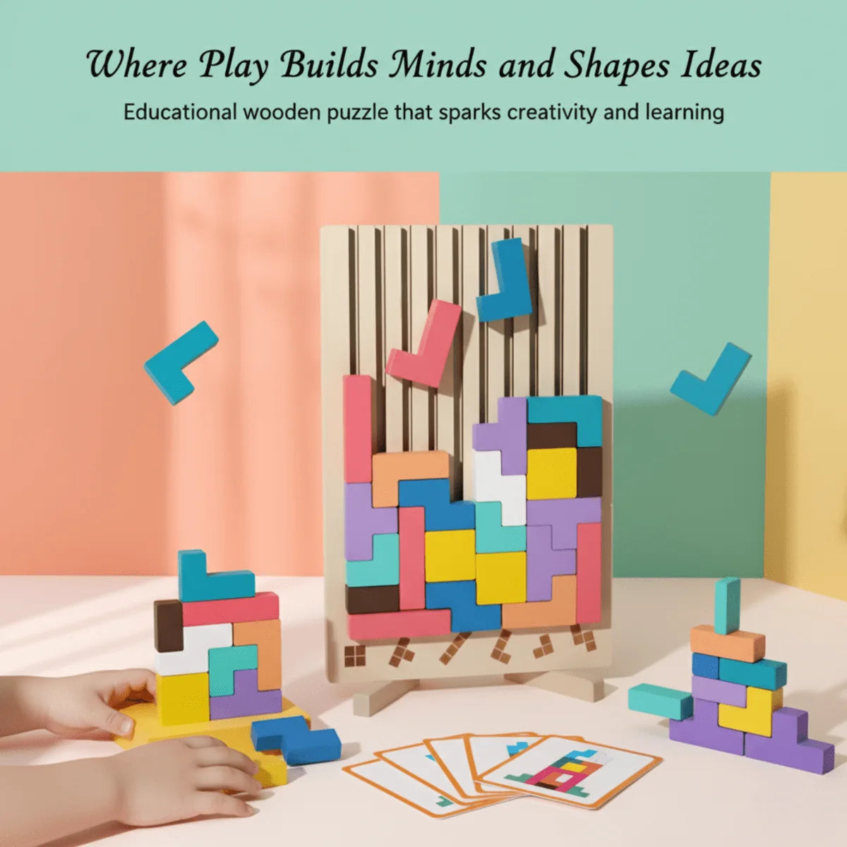 Wooden Tetris Stacking Game Colorful Blocks Non-Toxic Paint